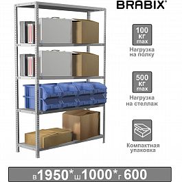 Стеллаж металлический BRABIX "MS KD-195/60-5", 1950х1000х600 мм, 5 полок, сборная стойка, 291121, S240BR246502 - Фото предпросмотра