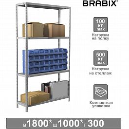 Стеллаж металлический BRABIX "MS KD-180/30-4", 1800х1000х300 мм, 4 полки, сборная стойка, 291114, S240BR143402 - Фото предпросмотра